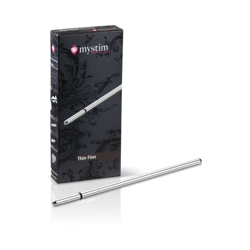 Mystim Thin Finn Urethral Sound product with sleek design in packaging, ideal for urethral stimulation.