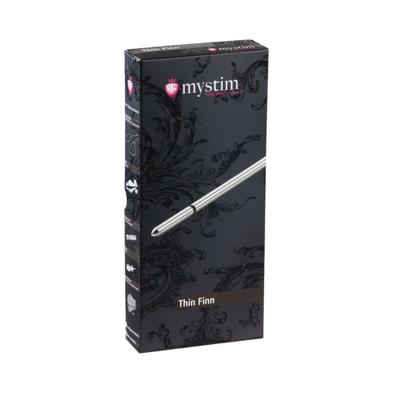 Packaging of Mystim Thin Finn Urethral Sound showcasing its sleek design and branding.