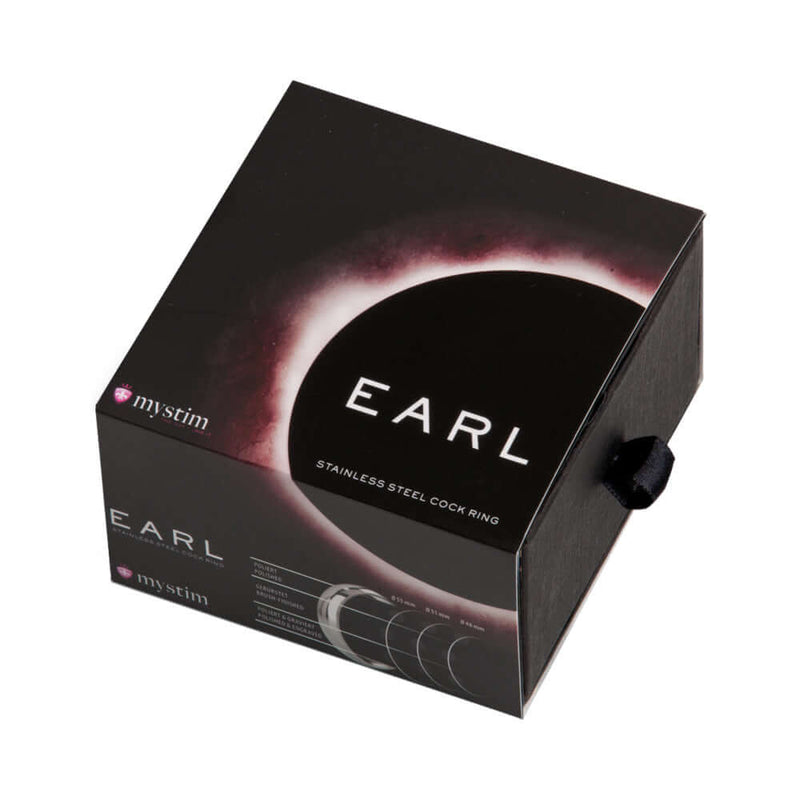 Mystim Earl Brushed Stainless Steel Cock Ring 48 mm packaging box with elegant design.