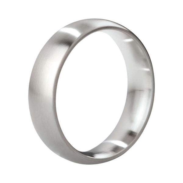 Mystim Earl Brushed Stainless Steel Cock Ring 48 mm viewed from the side, showcasing its sleek finish and smooth edges.