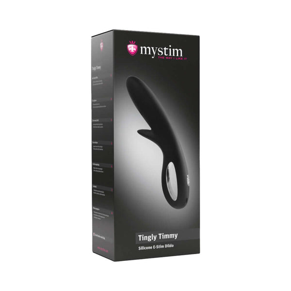 Mystim Tingly Timmy E-Stim Dual Stimulator packaging showcasing sleek black design and product details.