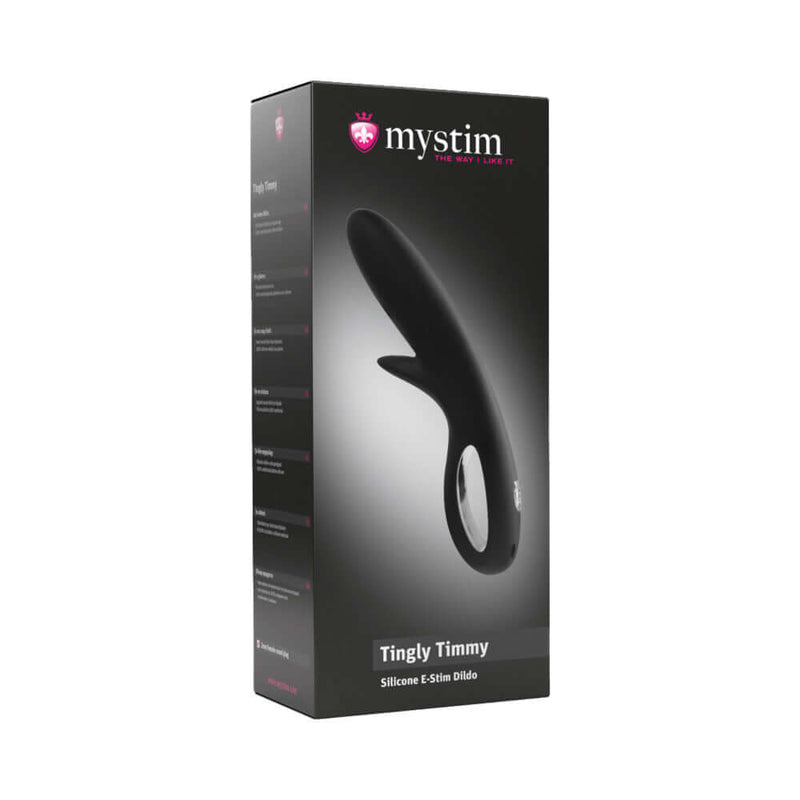 Mystim Tingly Timmy E-Stim Dual Stimulator packaging showcasing sleek black design and product details.