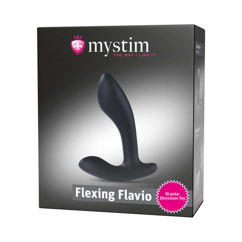 Mystim Flexing Flavio E-Stim Prostate Stimulator packaging showcasing the sleek design and features of the product.