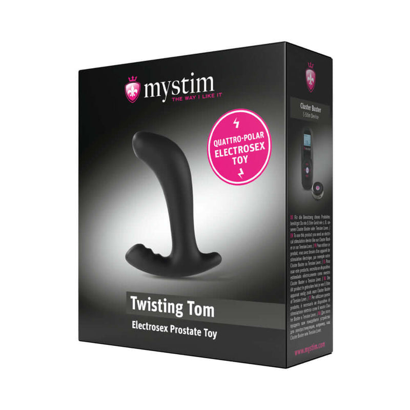 Mystim Twisting Tom E-Stim Prostate Stimulator box featuring quattro-polar electrosex toy design.