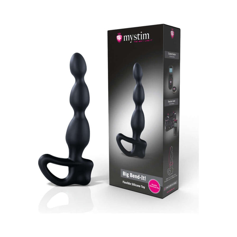 Mystim Big Bend-it E-Stim Flexible Prostate Stimulator in packaging, showcasing its design and features.