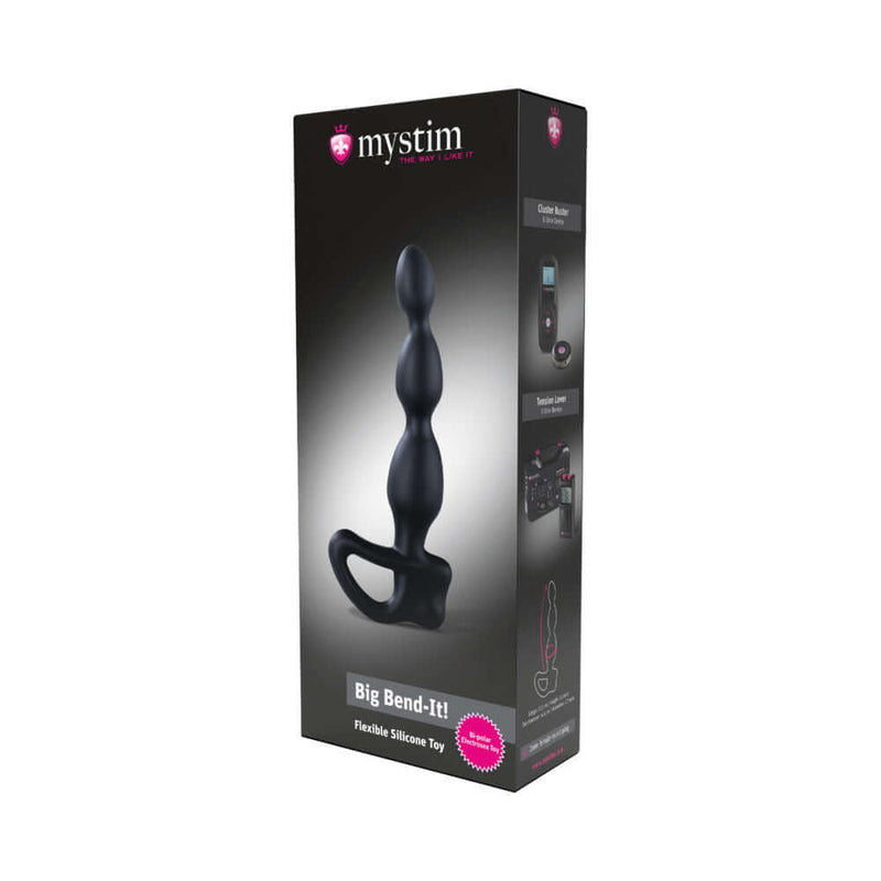 Mystim Big Bend-it E-Stim Flexible Prostate Stimulator packaging showcasing its unique design and features.