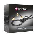 Mystim Pearly Pete Corona Glans Strap packaging showcasing golden electrodes for targeted electrostimulation.