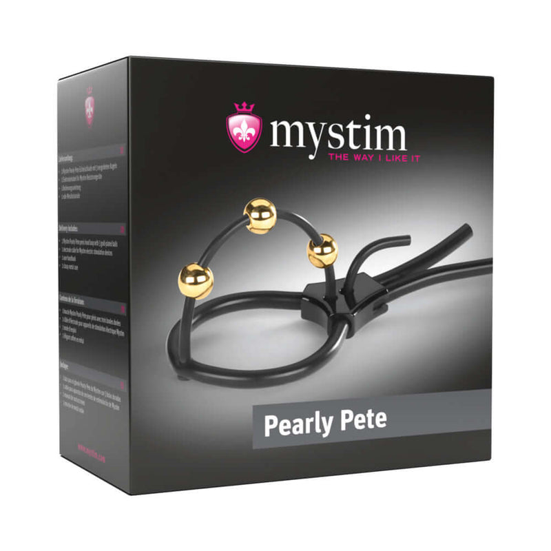 Mystim Pearly Pete Corona Glans Strap packaging showcasing golden electrodes for targeted electrostimulation.