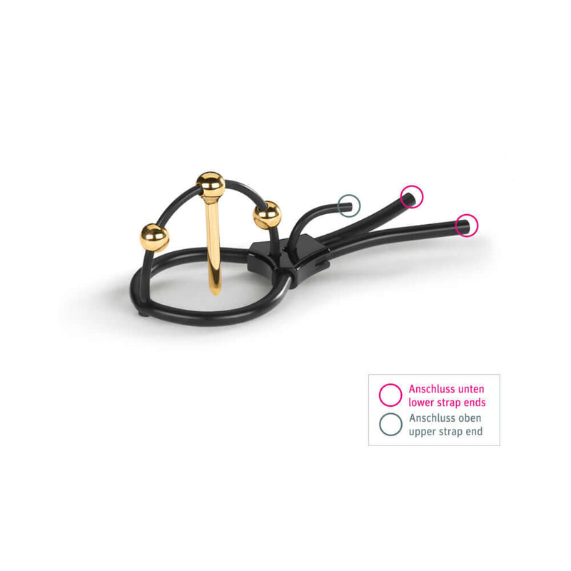 Mystim Plunging Pete Corona Glans Strap with Urethral Sound, luxurious electrostimulation accessory, gold-plated design.
