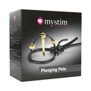 Mystim Plunging Pete Corona Glans Strap with Urethral Sound packaging showcasing luxury electrostimulation design.