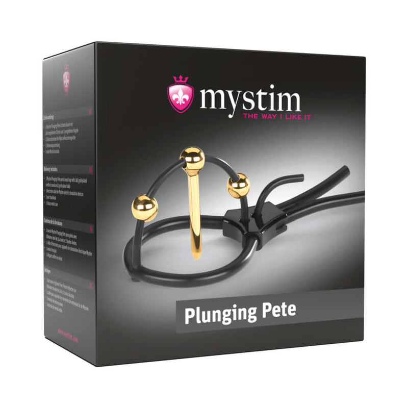 Mystim Plunging Pete Corona Glans Strap with Urethral Sound packaging showcasing luxury electrostimulation design.