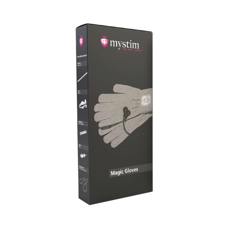 Mystim Magic E-Stim Gloves packaging featuring soft, conductive gloves designed for sensual electrostimulation.