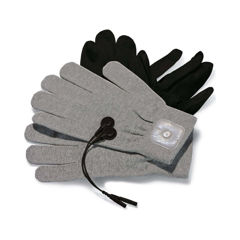 Mystim Magic E-Stim Gloves in grey and black, designed for electrifying intimacy and unforgettable sensations.