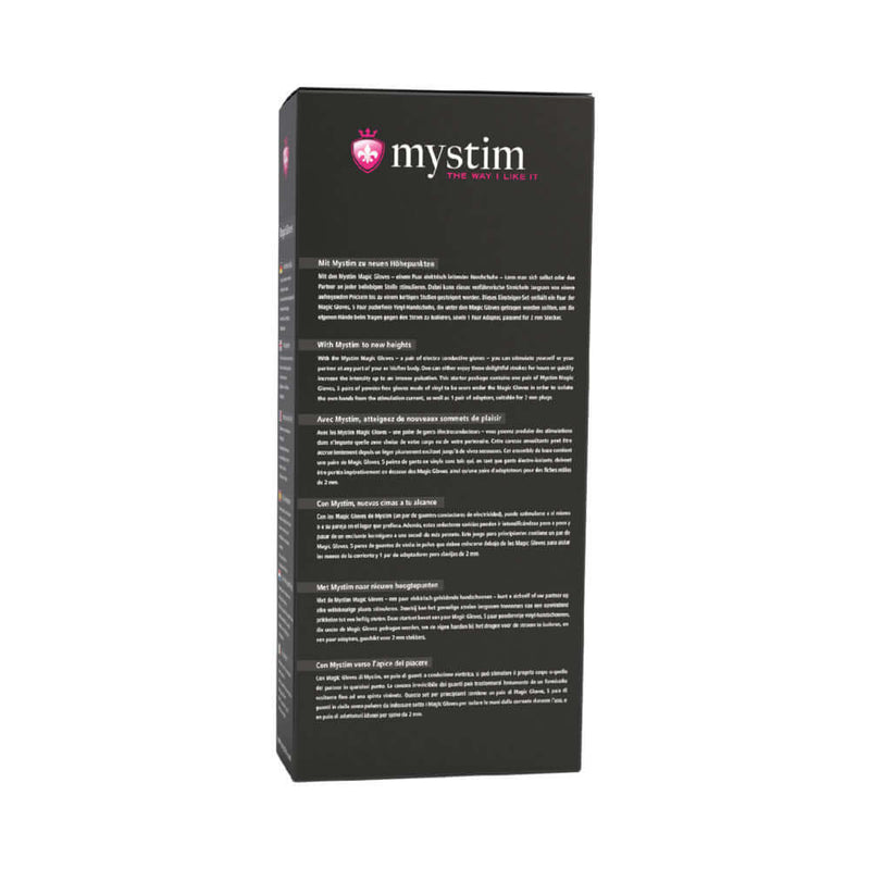 Mystim Magic E-Stim Gloves box packaging with product information and descriptions.