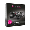 Mystim Barry Bite Bi-Polar E-Stim Clamps packaging featuring nipple clamps for precision electrostimulation.