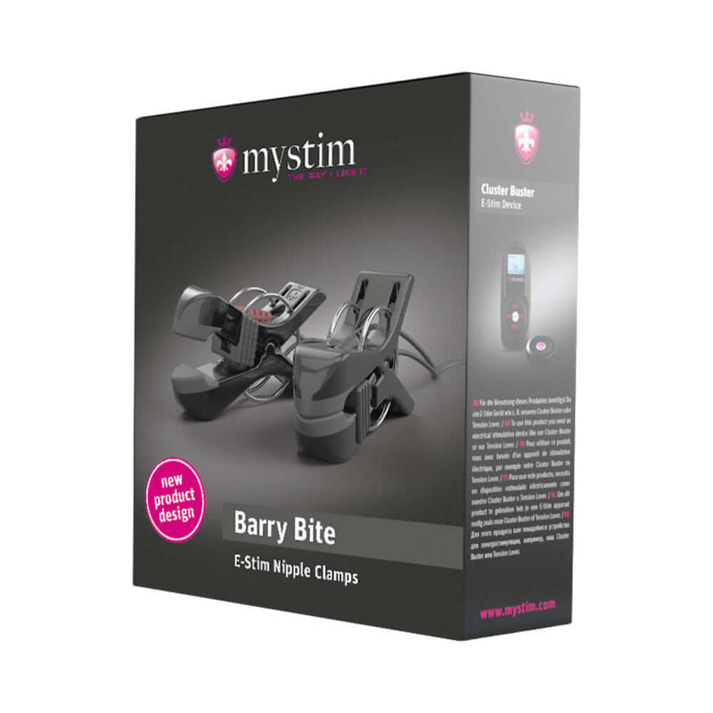 Mystim Barry Bite Bi-Polar E-Stim Clamps packaging showcasing the innovative design and features for precision electrostimulation.