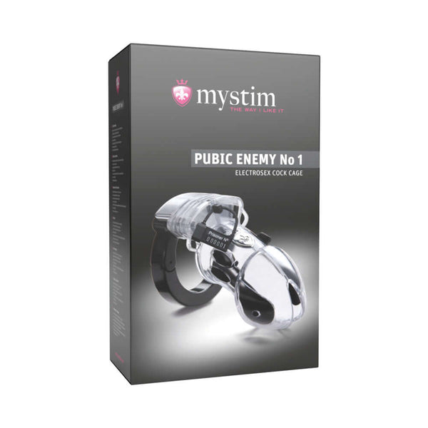 Mystim Pubic Enemy No 1 Electrosex Cock Cage packaging with clear design and black accents.