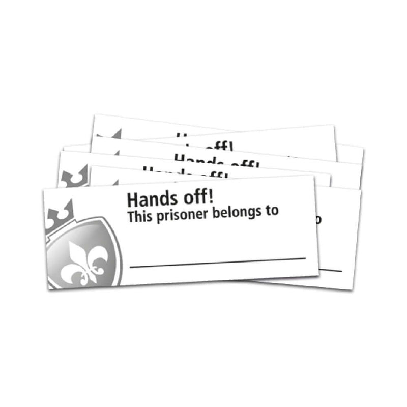 Hands off! This prisoner belongs to labels with a shield design, perfect for playful BDSM scenarios.