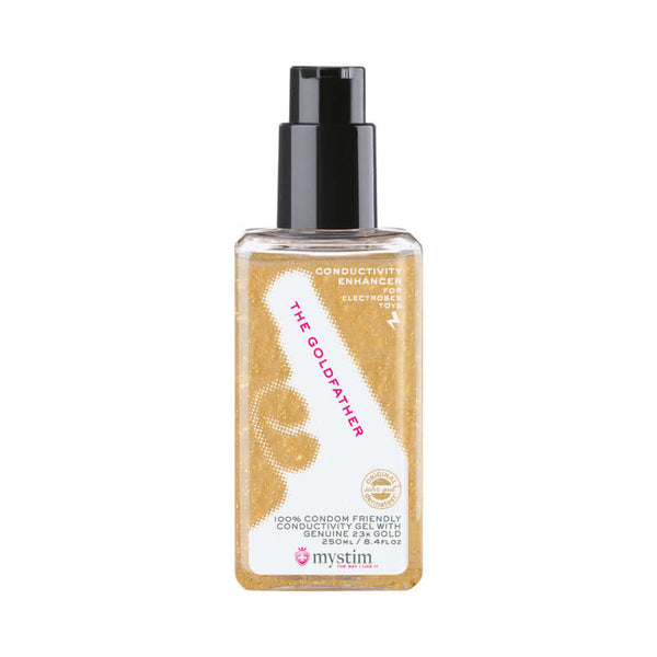 Mystim The Goldfather Conductivity Enhancer 8.4 Oz in a stylish bottle design for electrosex play.