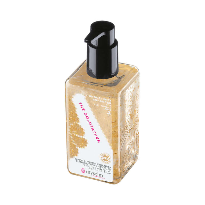 Mystim The Goldfather Conductivity Enhancer 8.4 Oz in a pump bottle for enhanced electrosex play.