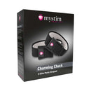 Mystim Charming Chuck 2-Piece Strap Set with 2mm Adapter packaging design featuring black straps and logo.