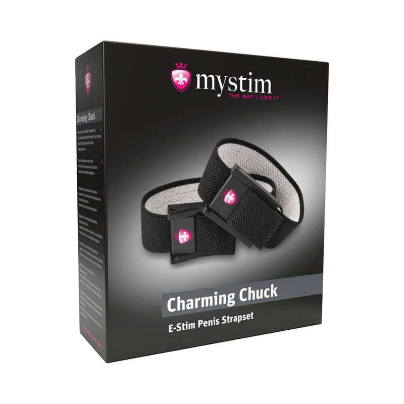 Mystim Charming Chuck 2-Piece Strap Set with 2mm Adapter packaging design featuring black straps and logo.