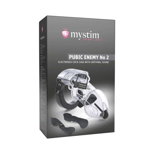 Mystim Pubic Enemy No 2 Electrosex Cock Cage packaging showcasing features and design.