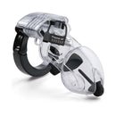 Mystim Pubic Enemy No 2 Electrosex Cock Cage, a transparent chastity device for electrifying pleasure and control.