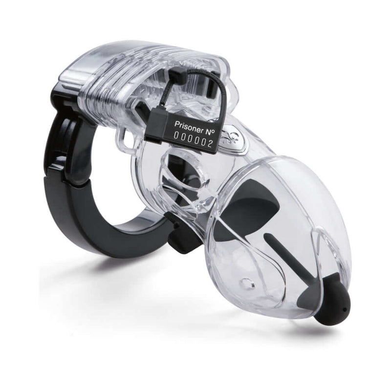 Mystim Pubic Enemy No 2 Electrosex Cock Cage, a transparent chastity device for electrifying pleasure and control.