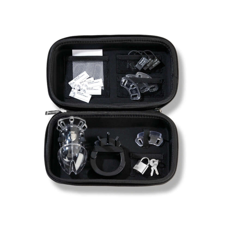 Mystim Pubic Enemy No 2 Electrosex Cock Cage and accessories in a compact storage case.