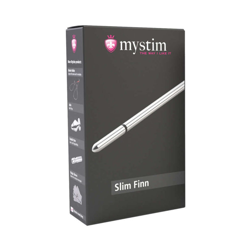 Mystim Slim Finn Urethral Sound packaging showcasing sleek design and brand logo.