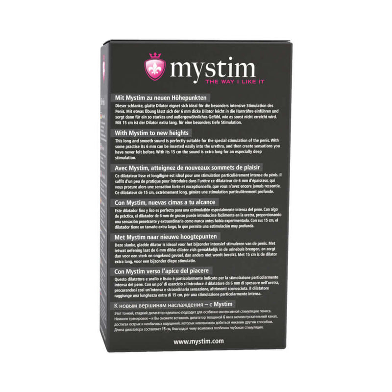 Mystim Slim Finn Urethral Sound packaging with branding and multi-language descriptions.