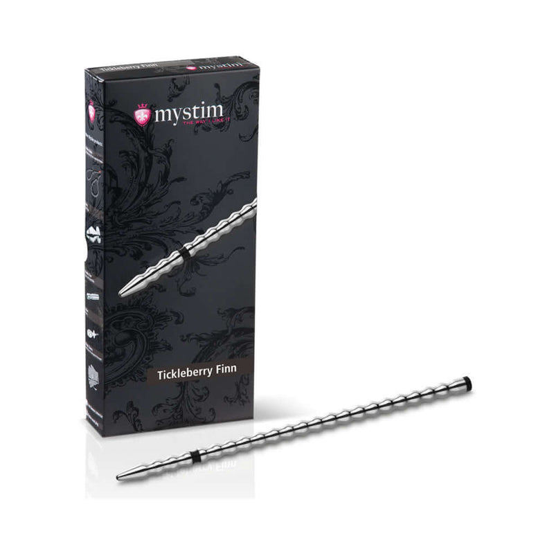 Mystim Tickleberry Finn Urethral Sound displayed alongside its elegant packaging.