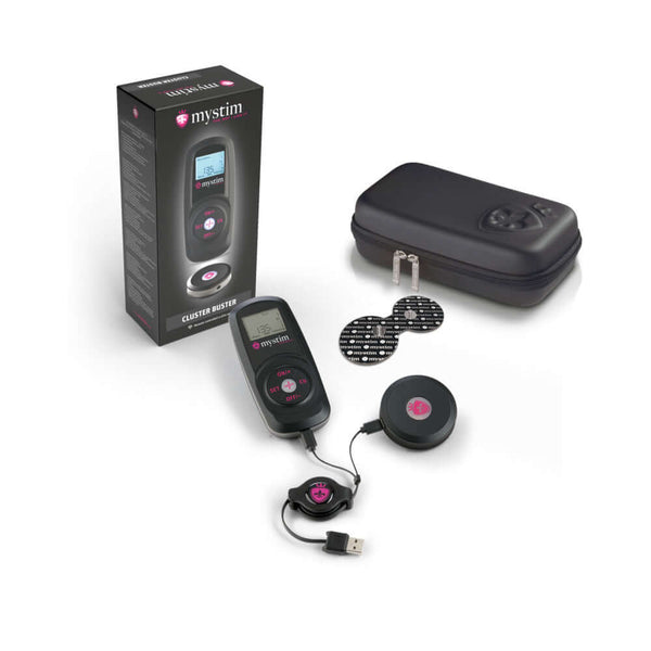 Mystim Cluster Buster Starter Kit featuring control unit, stimulation pads, and travel case for wireless electrostimulation.