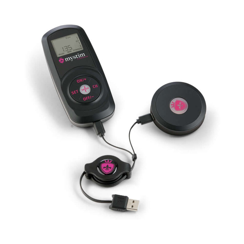 Mystim Cluster Buster Starter Kit wireless electrostimulation remote and accessories.