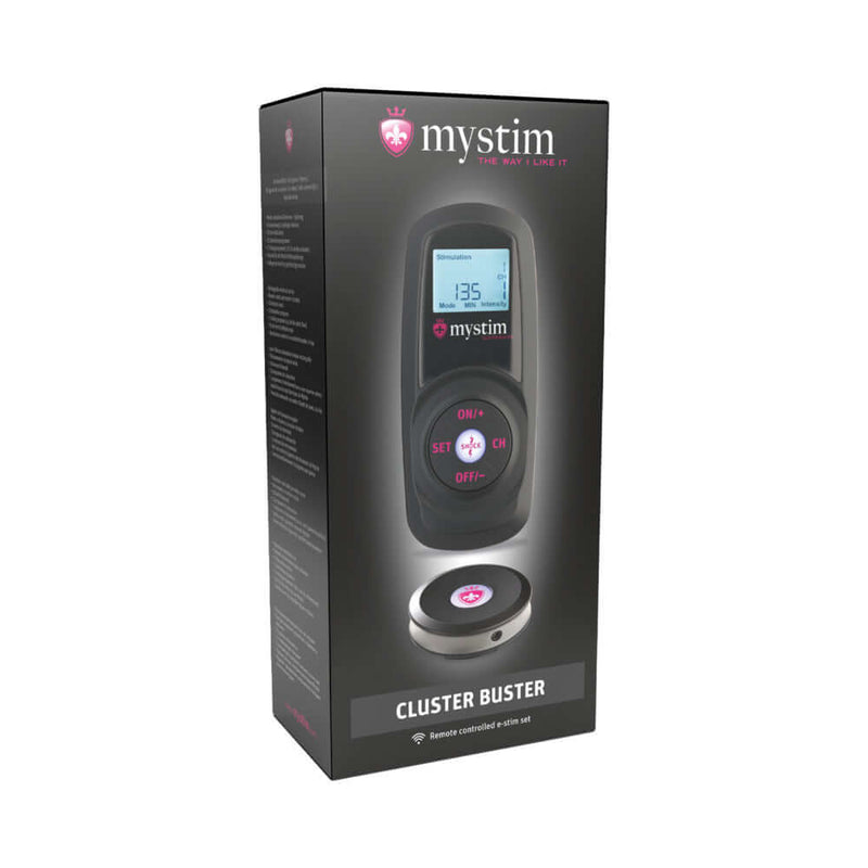 Mystim Cluster Buster Starter Kit wireless electrostimulation system packaging with remote control.