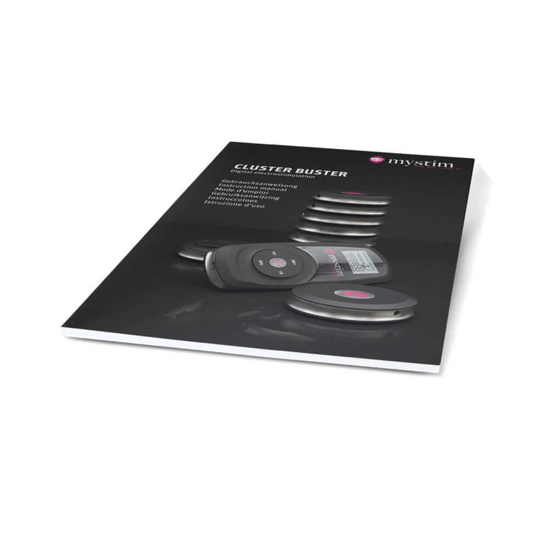 Mystim Cluster Buster Starter Kit packaging featuring the control unit and electrodes.