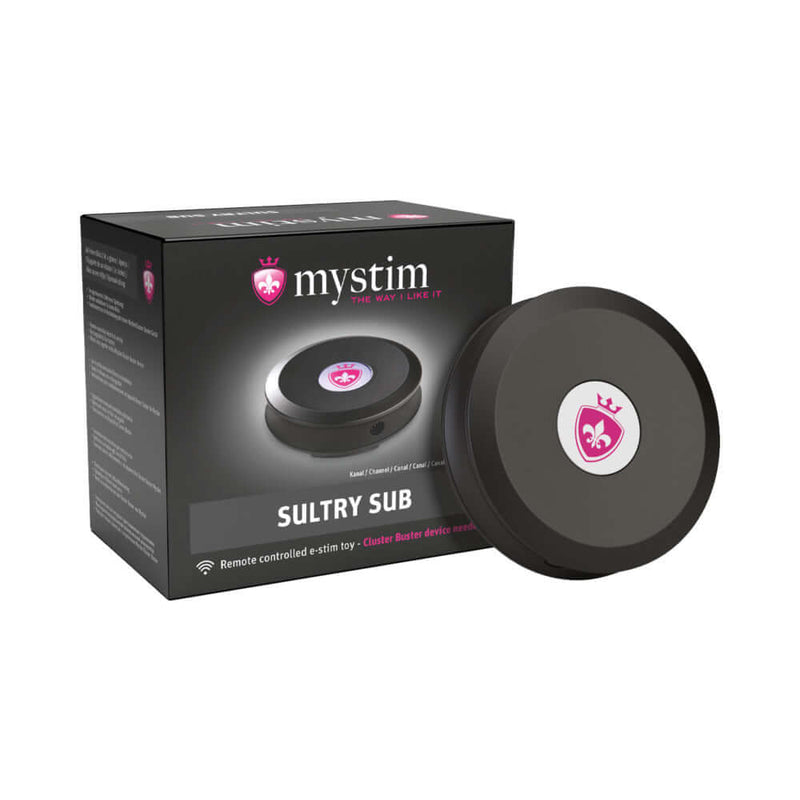 Mystim Sultry Sub Black wireless receiver module for electro-play sessions, featuring remote control and limitless creativity.
