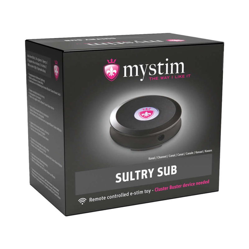 Mystim Sultry Sub Black packaging for wireless electro-play control and creativity.