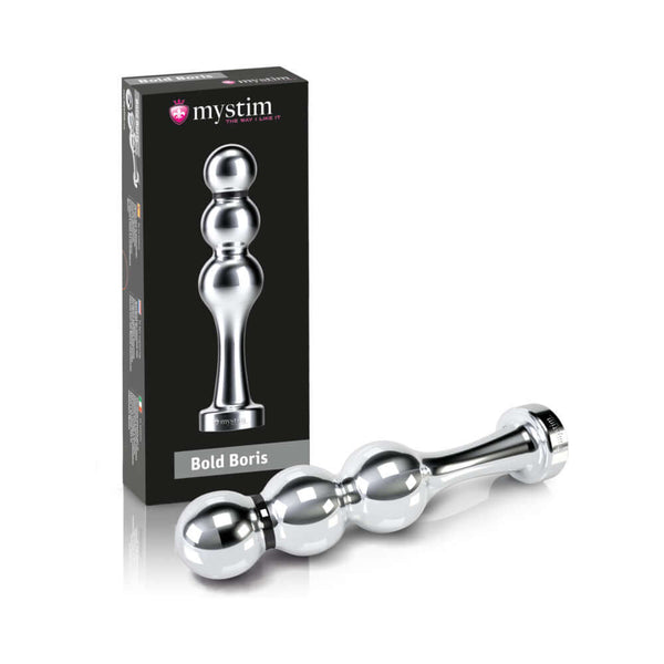 Mystim Bold Boris Dildo Ball Plug displayed with packaging, featuring polished medical-grade aluminum.