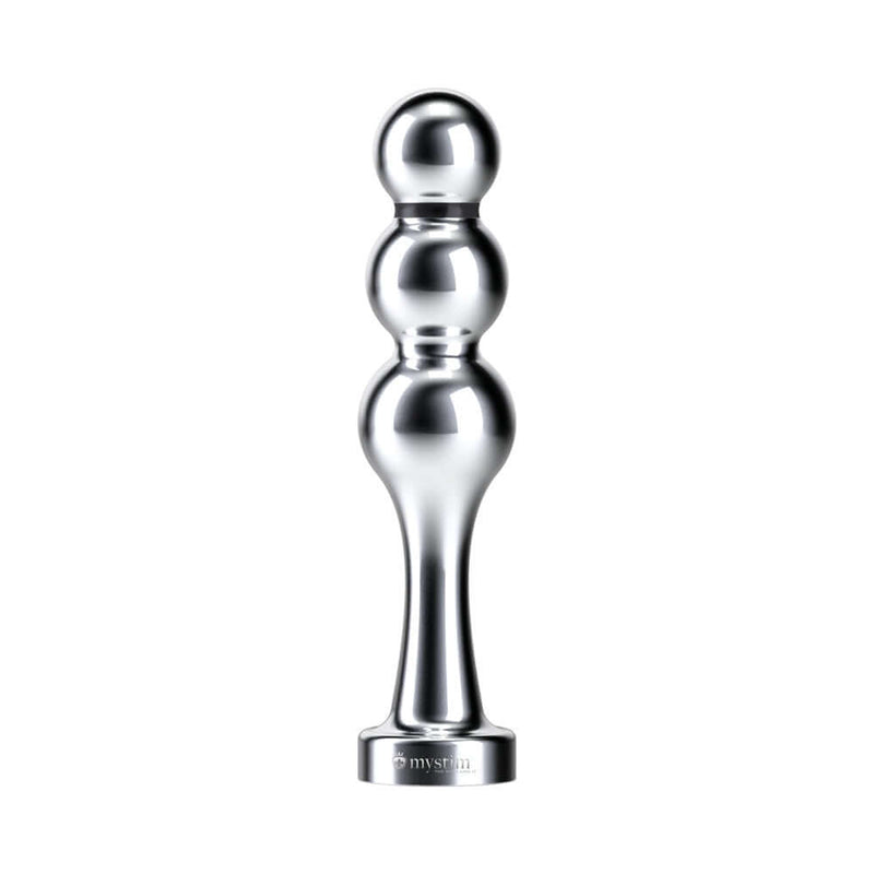 Mystim Bold Boris Dildo Ball Plug handcrafted from medical-grade aluminum with three curved beads.