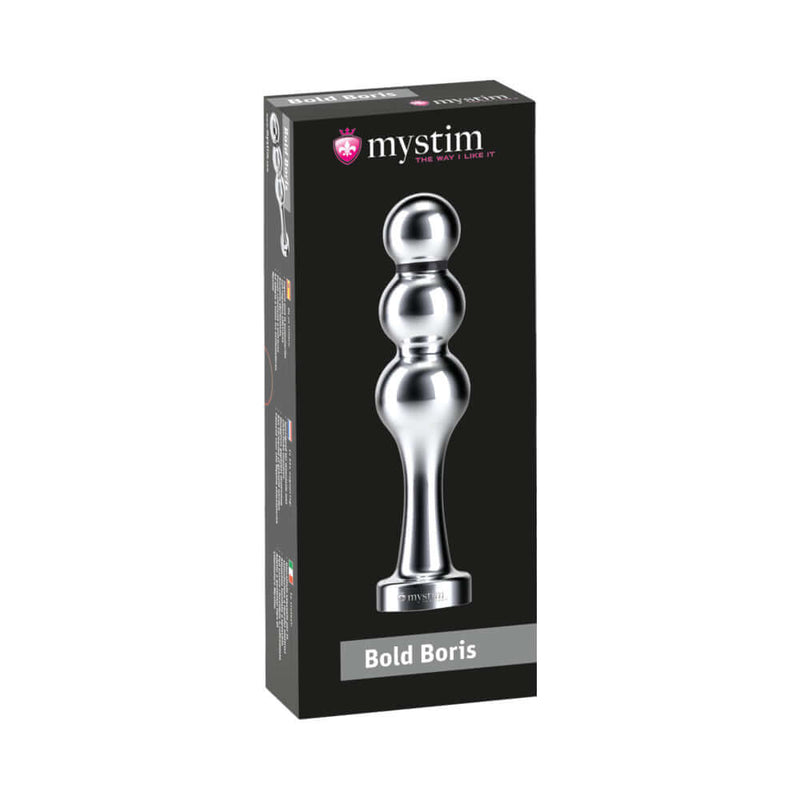 Mystim Bold Boris Dildo Ball Plug packaging featuring a sleek design and elegant curves for intense pleasure.