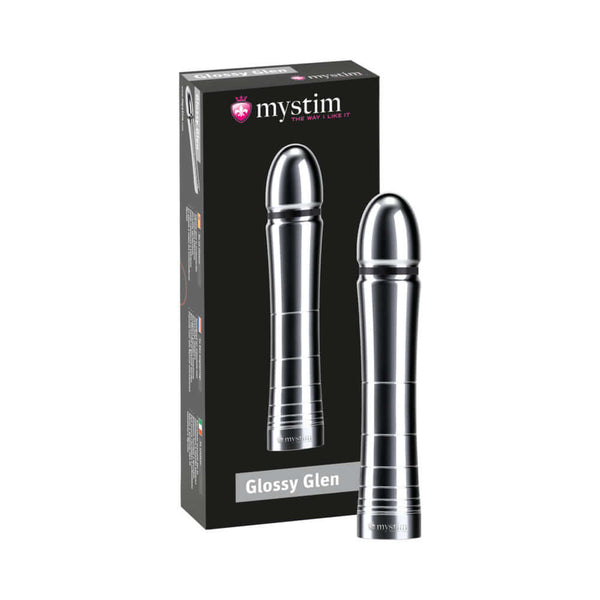 Mystim Glossy Glen Dildo in sleek design with packaging, showcasing its elegant and smooth form.