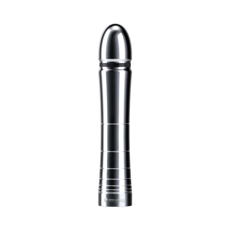 Mystim Glossy Glen Dildo, sleek aluminum toy for intense vaginal and anal stimulation.