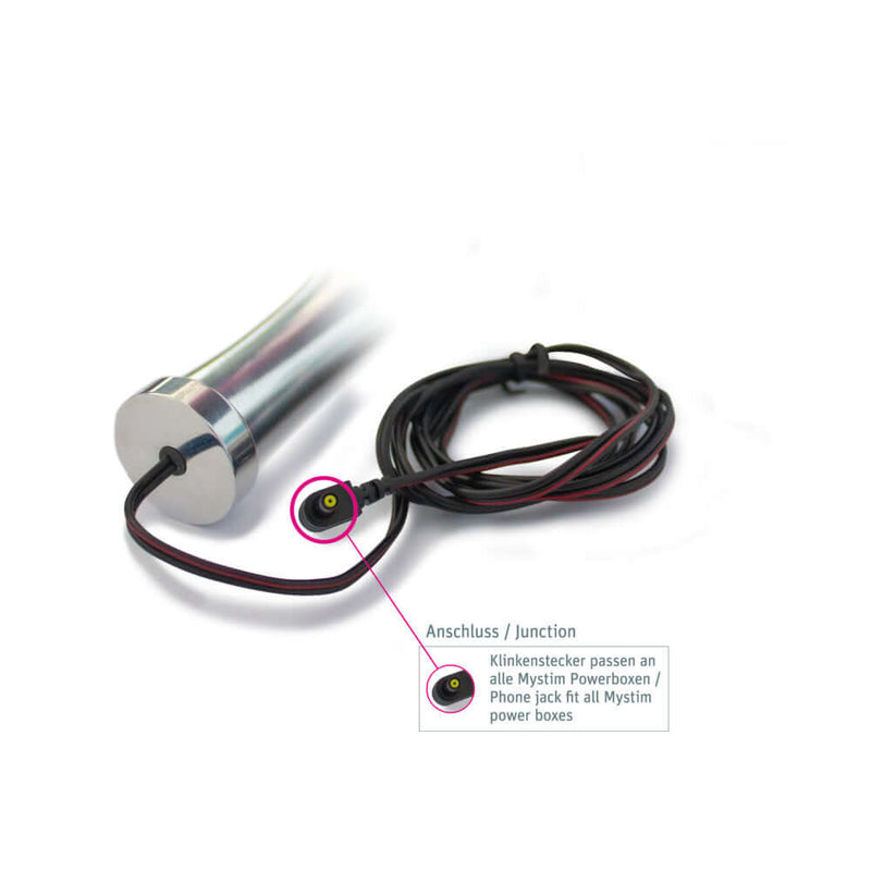 Mystim Glossy Glen Dildo showcasing its medical-grade aluminum design and connection for Mystim power boxes.