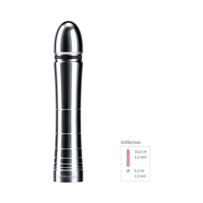 Mystim Glossy Glen Dildo, sleek medical-grade aluminum design for vaginal and anal pleasure, 14 cm long, 3.2 cm wide.