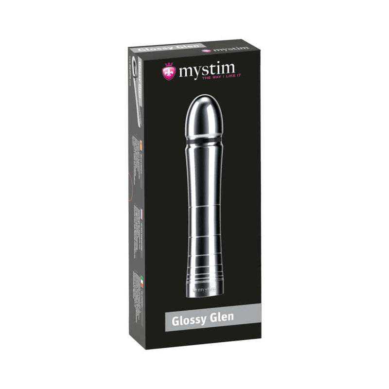 Mystim Glossy Glen Dildo in sleek packaging, showcasing its elegant design and premium medical-grade aluminum finish.