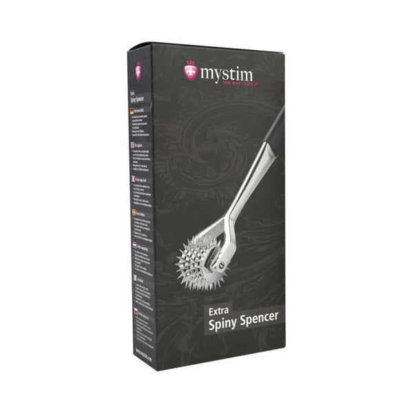 Mystim Extra Spiny Spencer Pinwheel packaging showcasing the unique design and features of this e-stim toy.