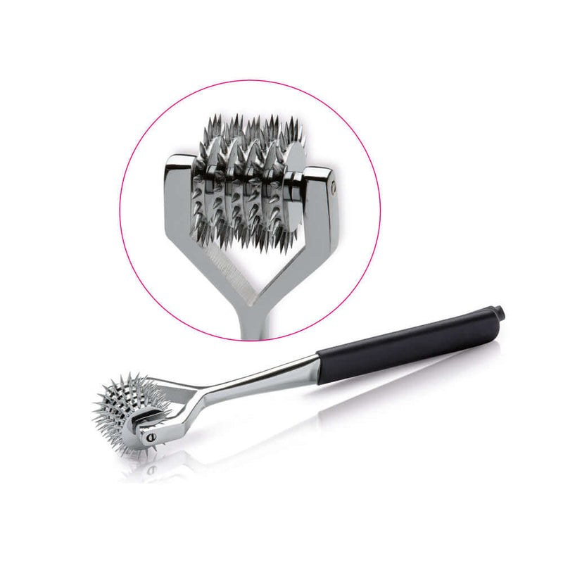 Mystim Extra Spiny Spencer Pinwheel showcasing five stainless steel wheels with ultra-fine spikes for electro-play.