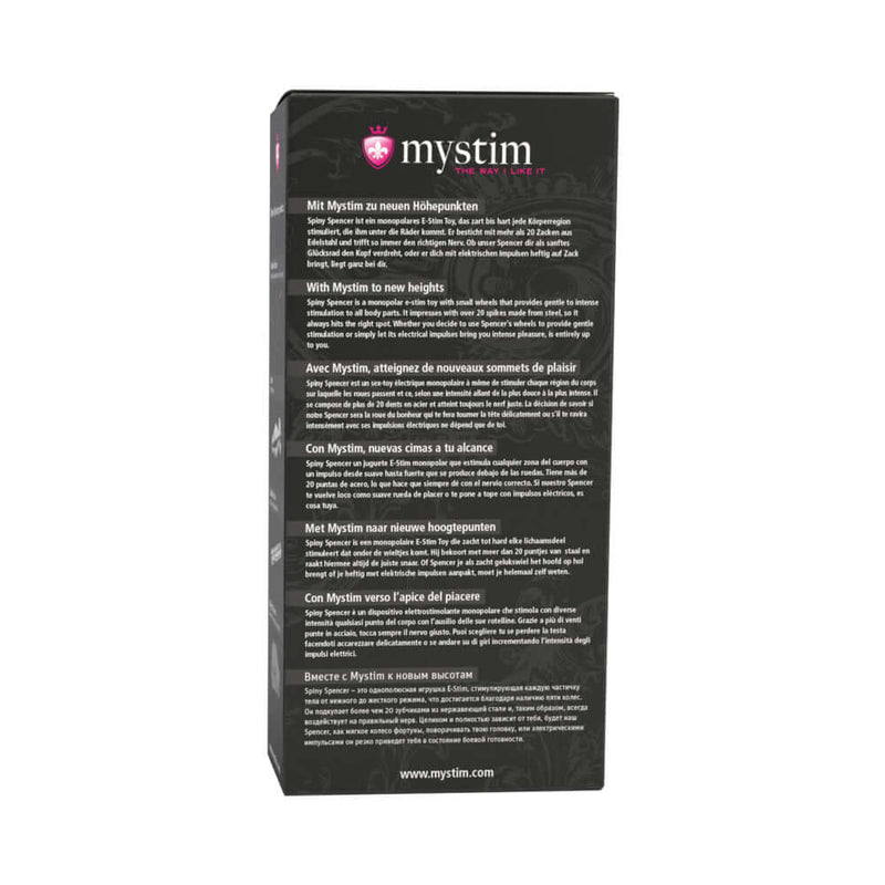 Mystim Extra Spiny Spencer Pinwheel packaging with product descriptions in multiple languages.